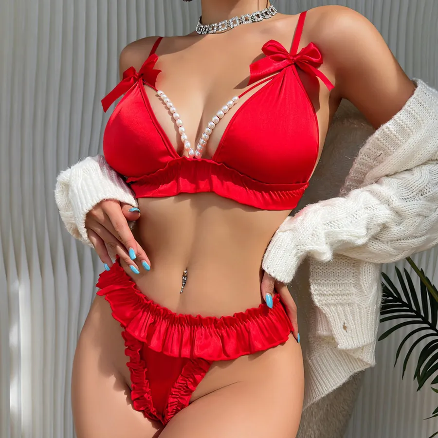 Pearl Bow Triangle Bra and Thong Set