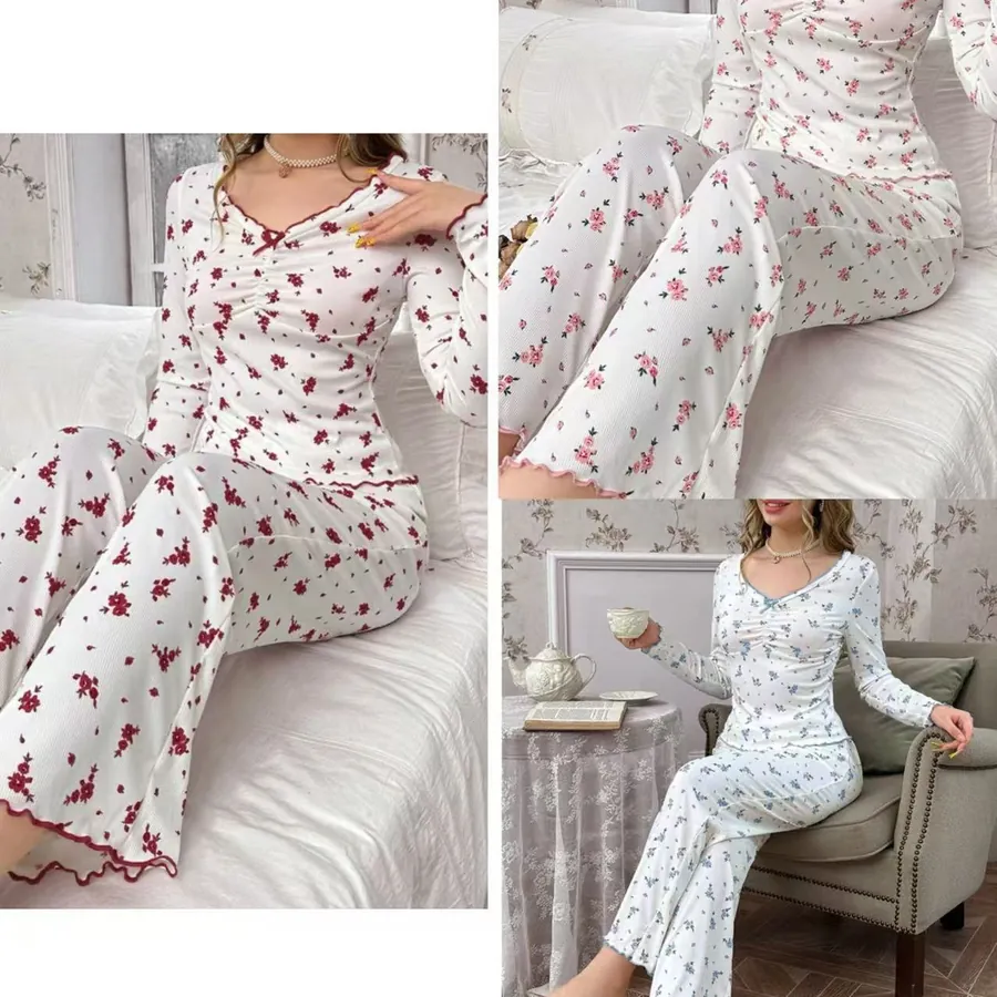 Floral V-Neck Long Sleeve Pajama Set