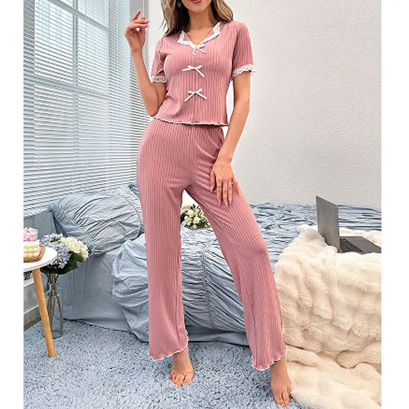 Lace V-Neck Top and Pants Pajama Set