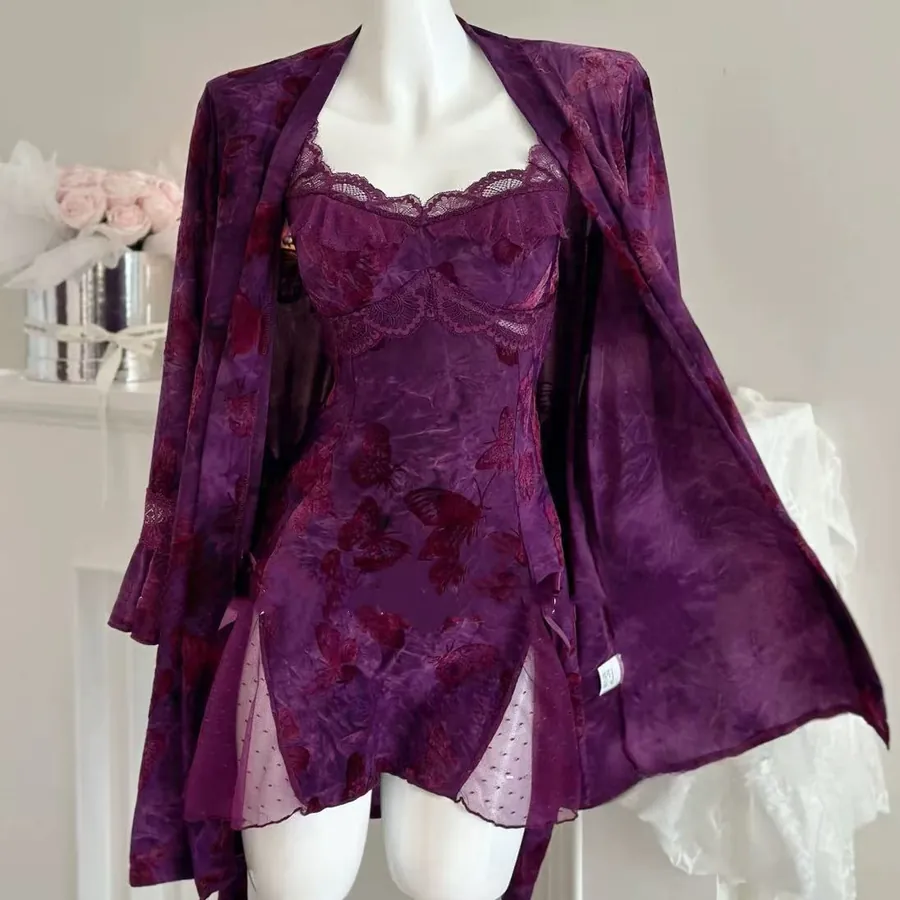 Butterfly Lace Halter Nightdress and Robe Set