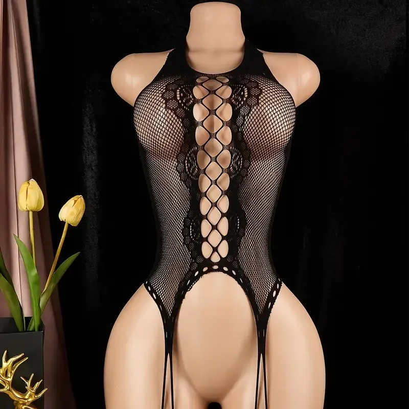 Sheer Halter Mesh Bodysuit with Stockings