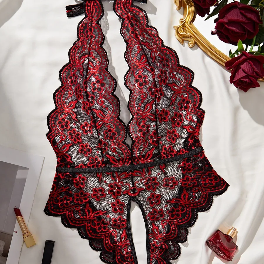 Deep-V Lace Print Backless Bodysuit