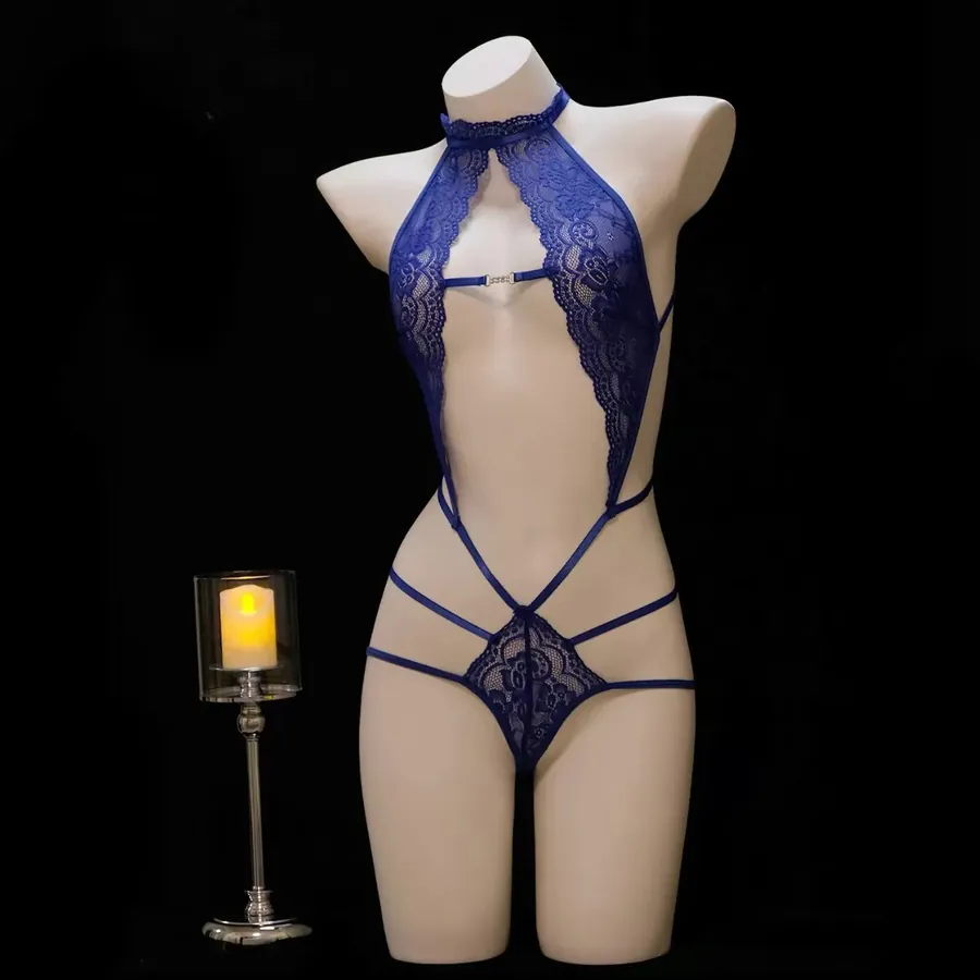 Lace Deep V Halter Bodysuit Set