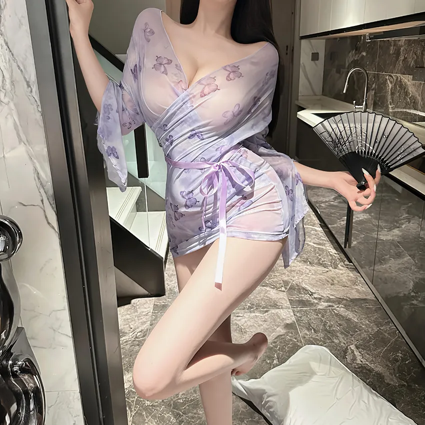 Butterfly Print Sheer Open-Front Robe Set