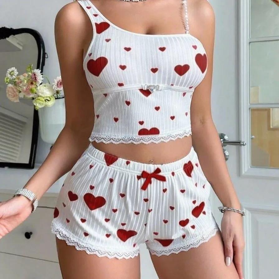 Heart Print Cami and Shorts Pajama Set