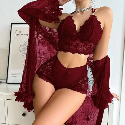 Lace Bra Shorts and Robe Set