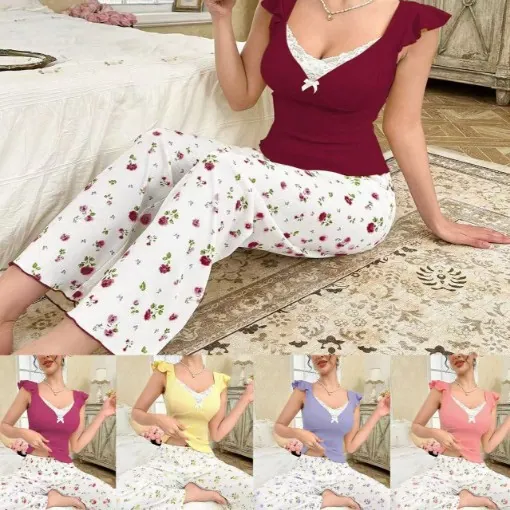 Floral Print Lace Trim Pajama Set