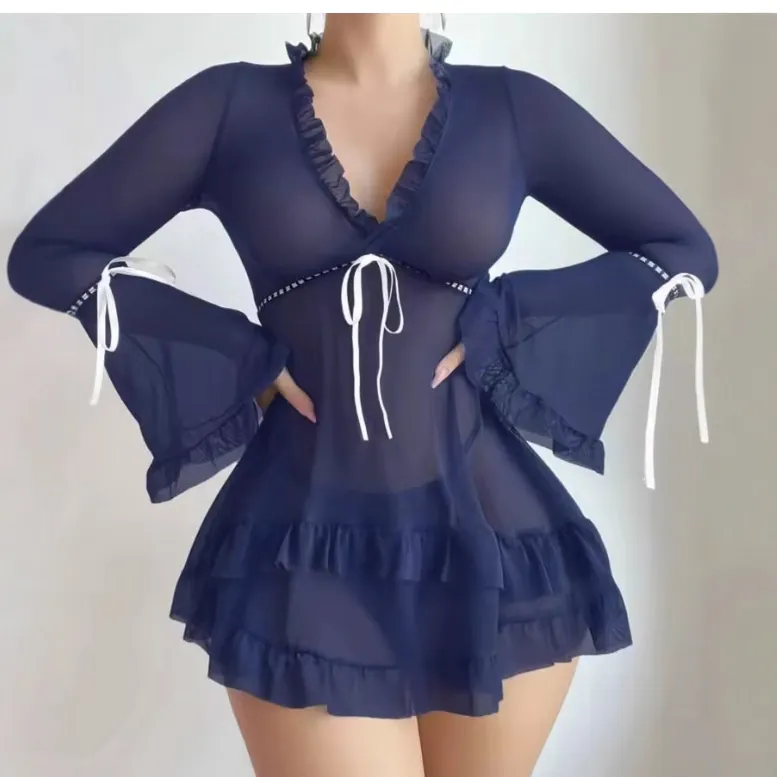 Sheer Mesh Ruffle Long-Sleeve Nightdress Set