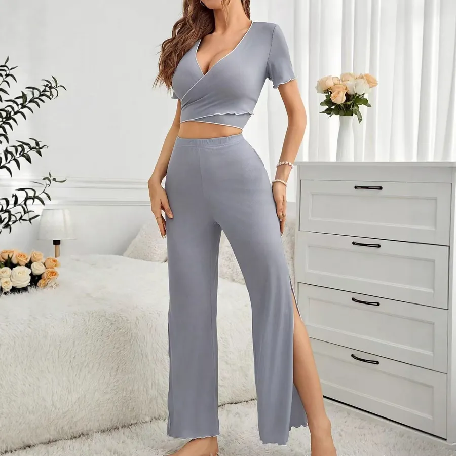 Bow-Accent Pajama Set with Split Pants