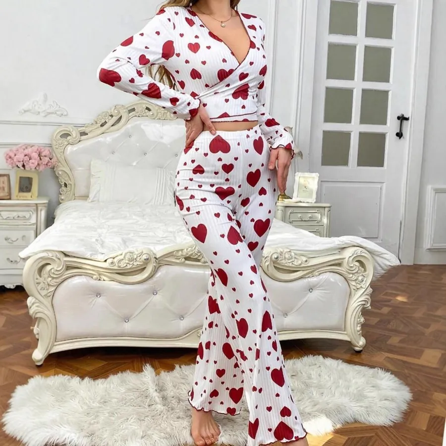 Heart Print Pajama Set Long Sleeve Pants Soft Women's Sleepwear