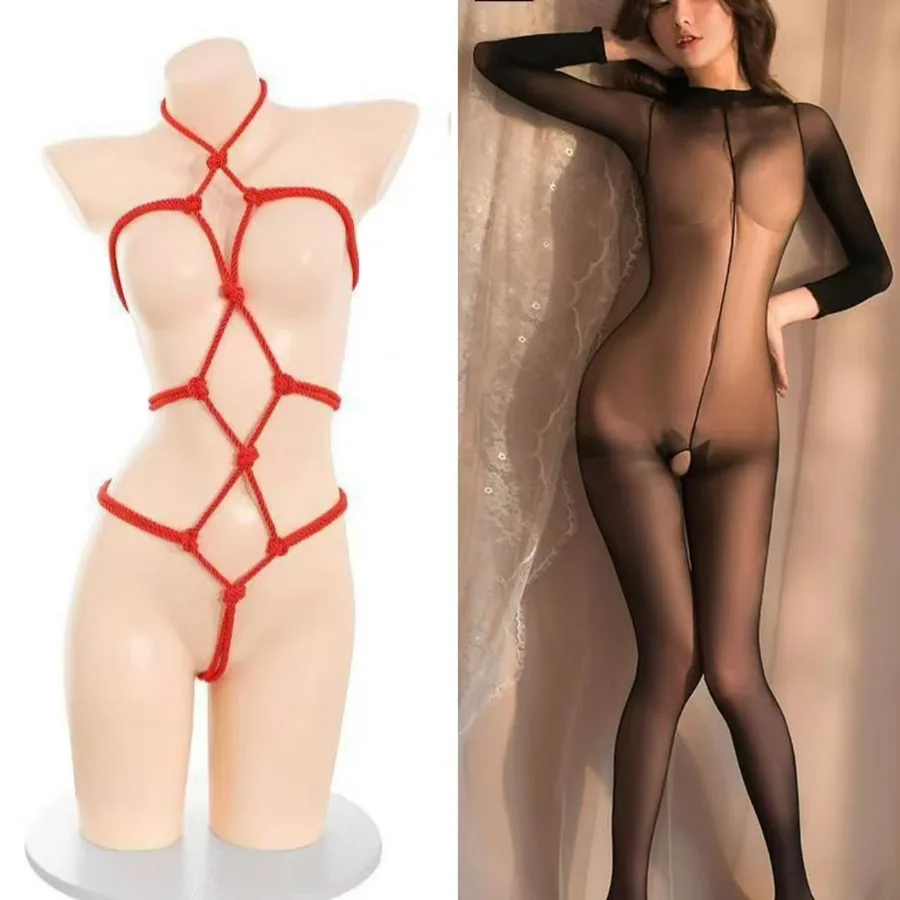 Body trasparente a maniche lunghe con spalline rosse