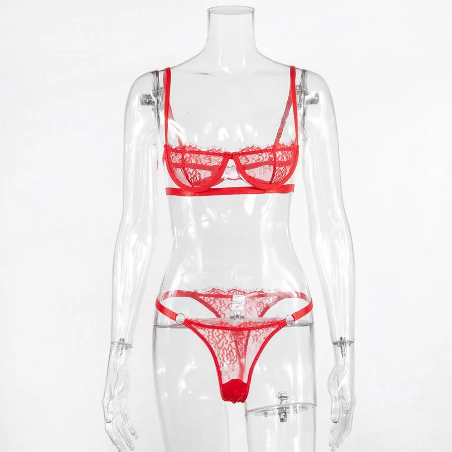 Conjunto de sutiã em renda transparente sem aros