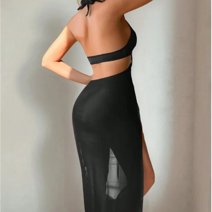 Conjunto de loungewear com vestido longo halter com fenda