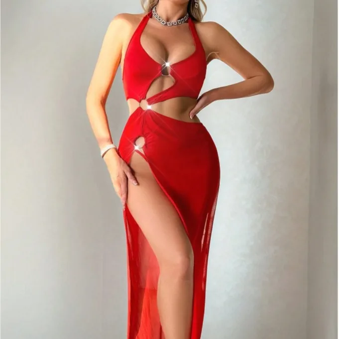 Conjunto de loungewear com vestido longo halter com fenda