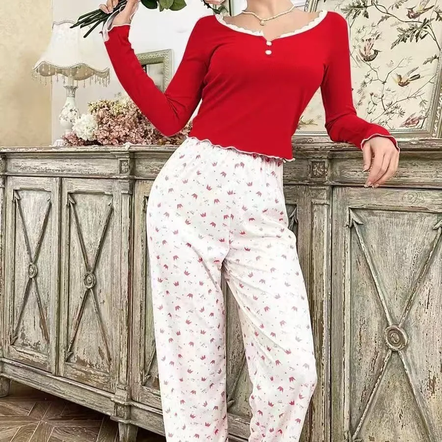 Conjunto de pijama de manga comprida com acabamento em cetim