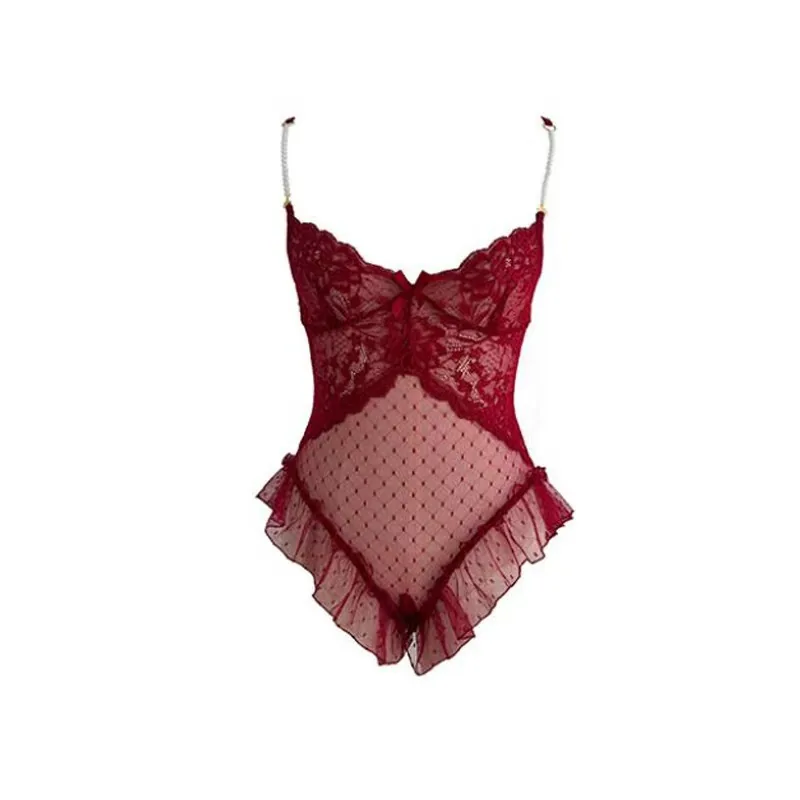 Body de encaje con escote profundo y cadena de perlas