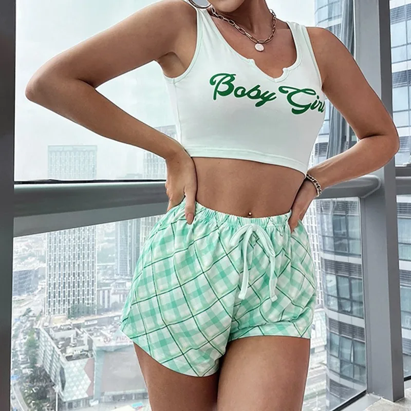 Pajamaset med cami och shorts i rutmönster