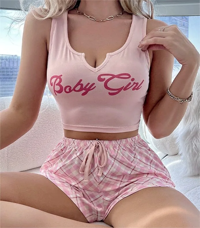 Pajamaset med cami och shorts i rutmönster