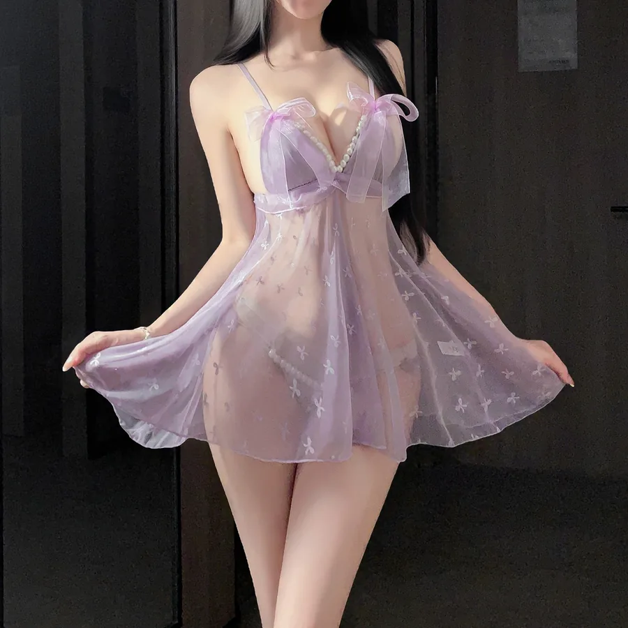 Set body in tulle trasparente con spalline di perle