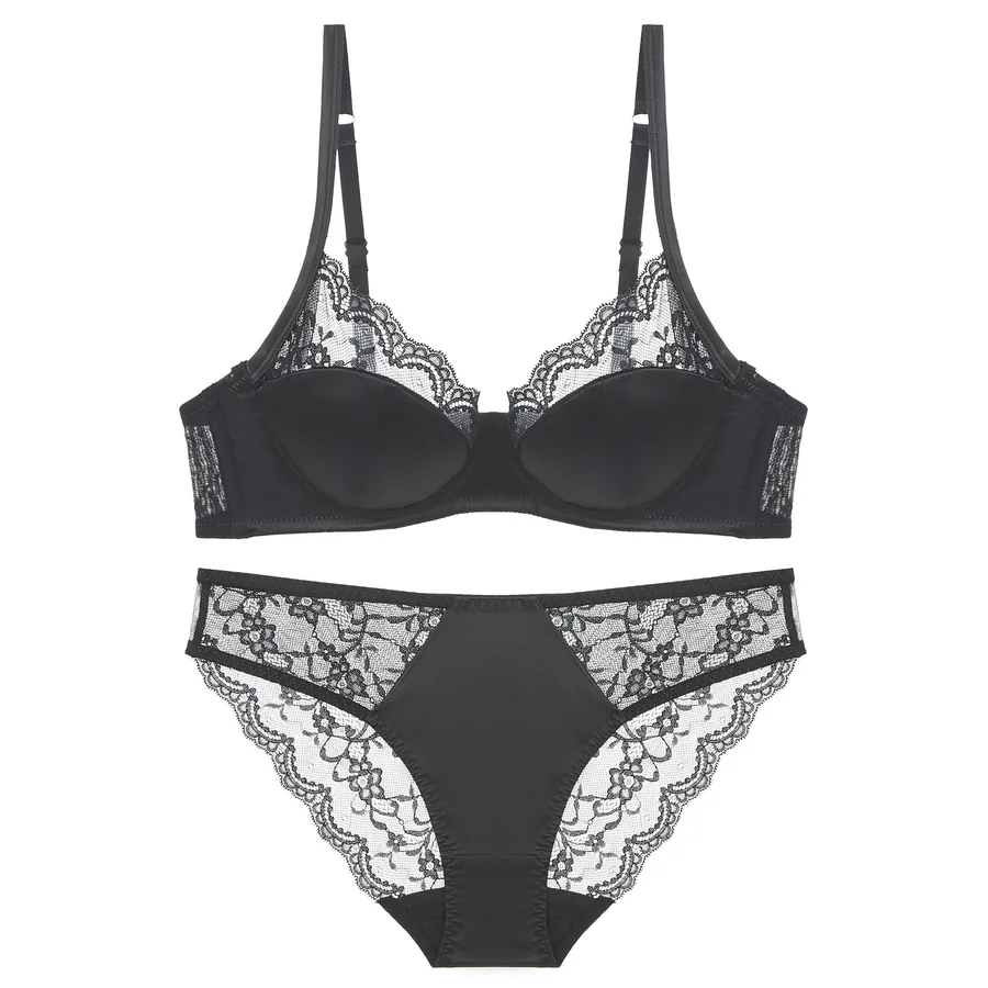 Conjunto de sujetador de copa lisa con encaje francés