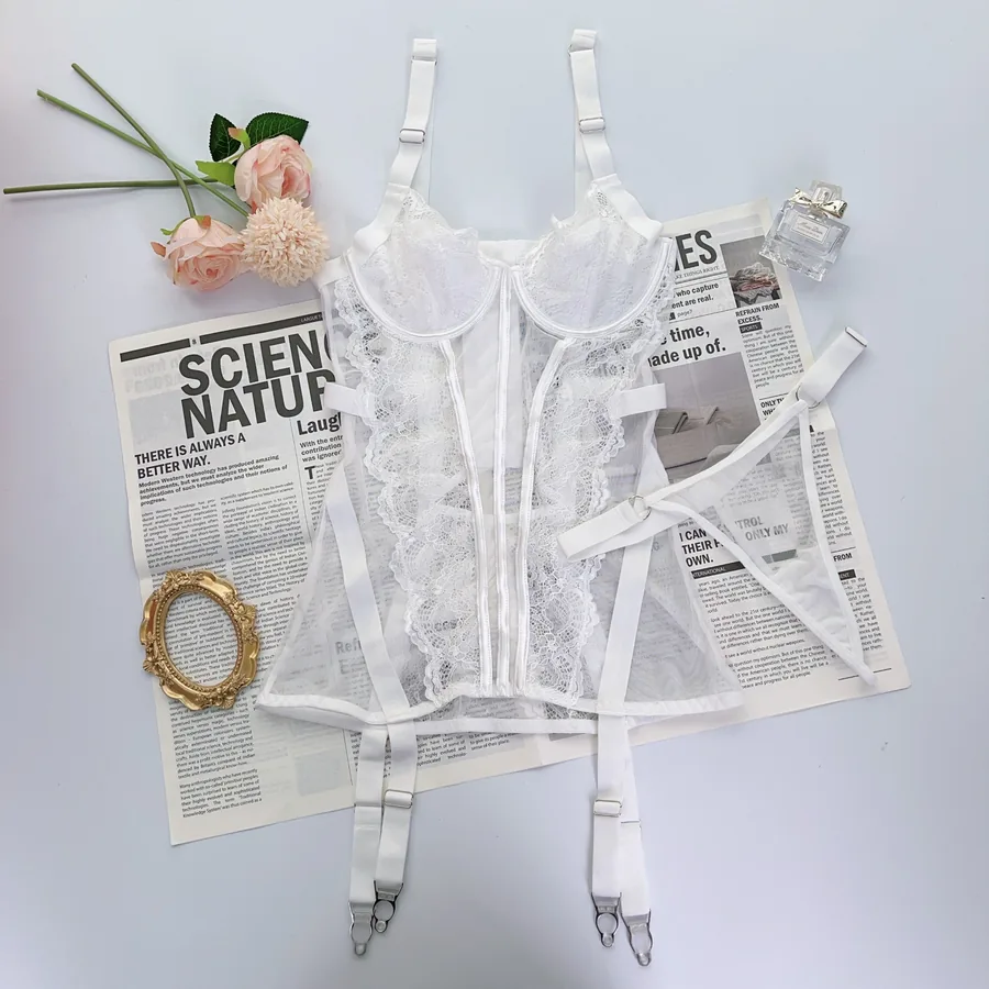 Cami-corset-set van transparante stof met kanten afwerking
