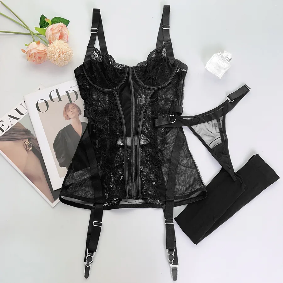 Cami-corset-set van transparante stof met kanten afwerking