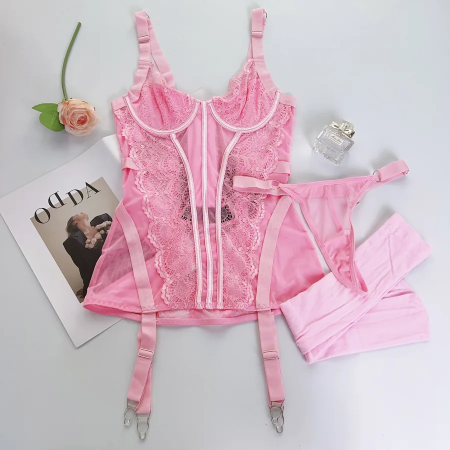 Cami-corset-set van transparante stof met kanten afwerking