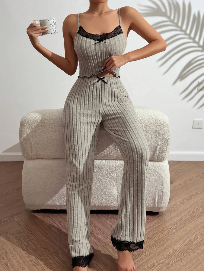 Geribde cami-pyjamaset met hartprint