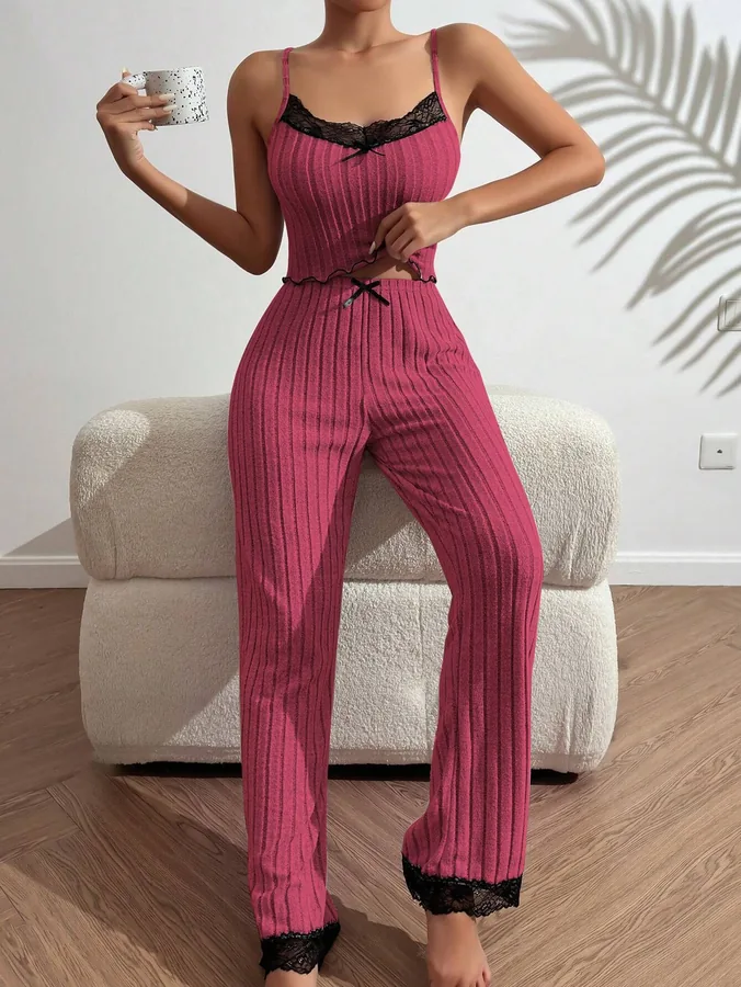 Geribde cami-pyjamaset met hartprint