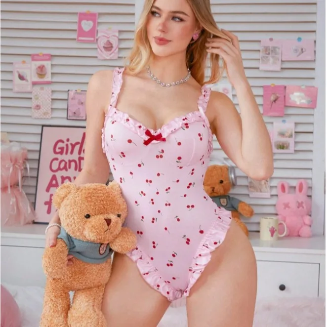 Ensemble bodysuit plissé avec nœud et cerises