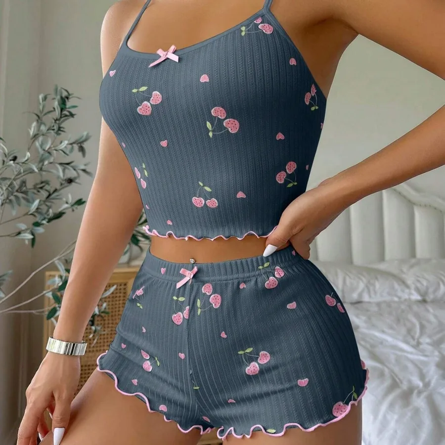 Ensemble pyjama caraco et short imprimé cerises avec nœud