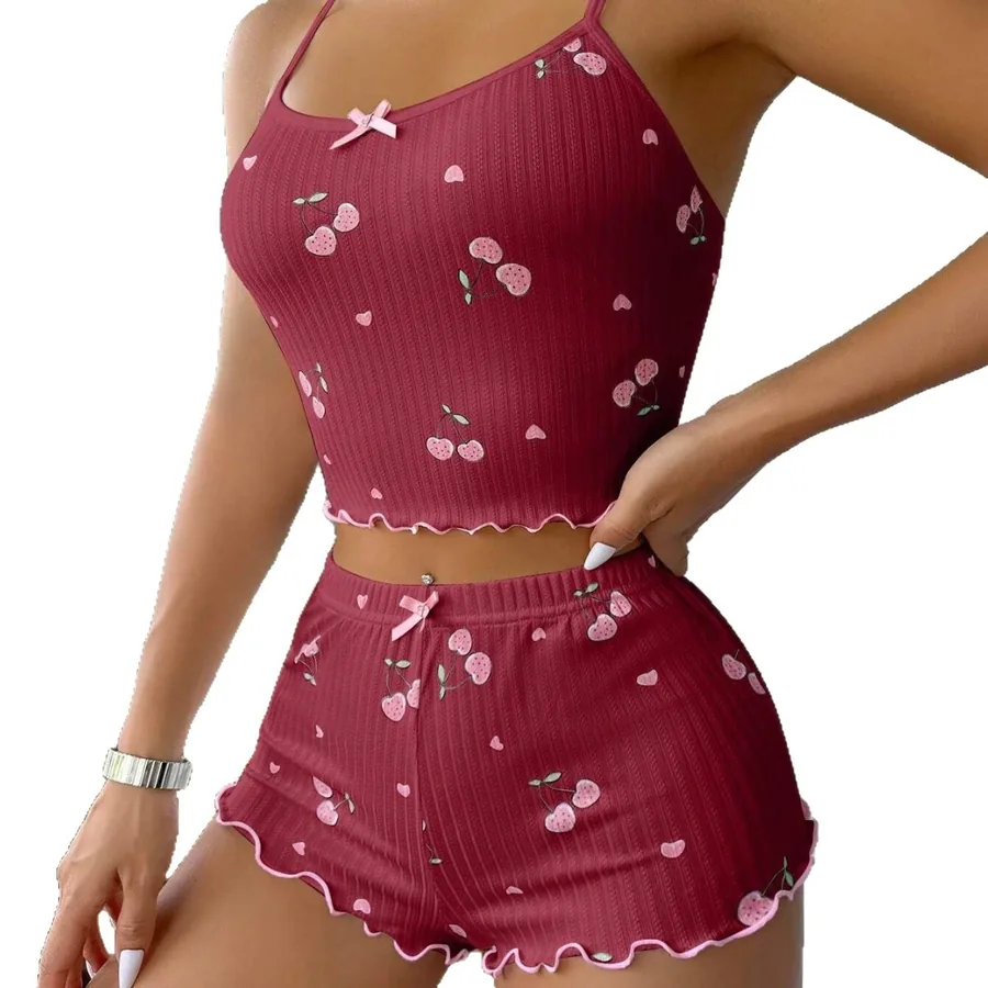 Ensemble pyjama caraco et short imprimé cerises avec nœud
