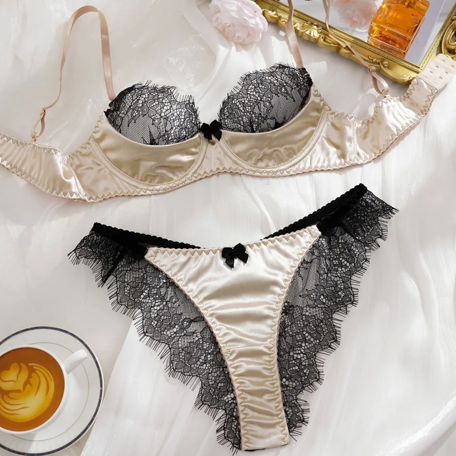 Schwarzes Spitzen-Satin-Schleifen-BH-Set