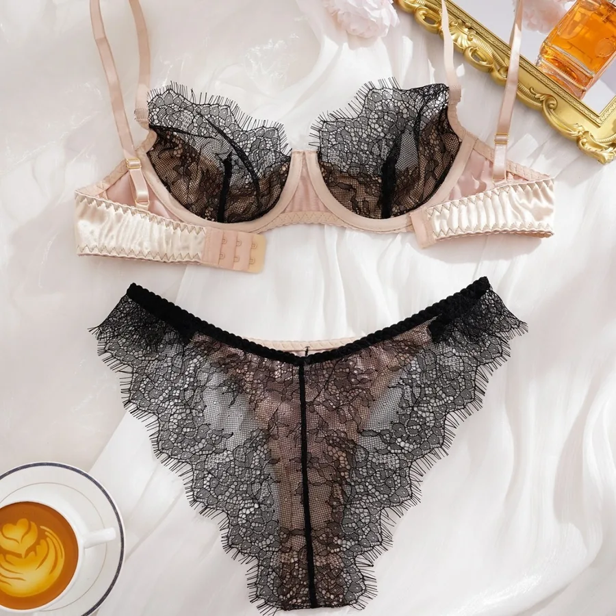 Schwarzes Spitzen-Satin-Schleifen-BH-Set