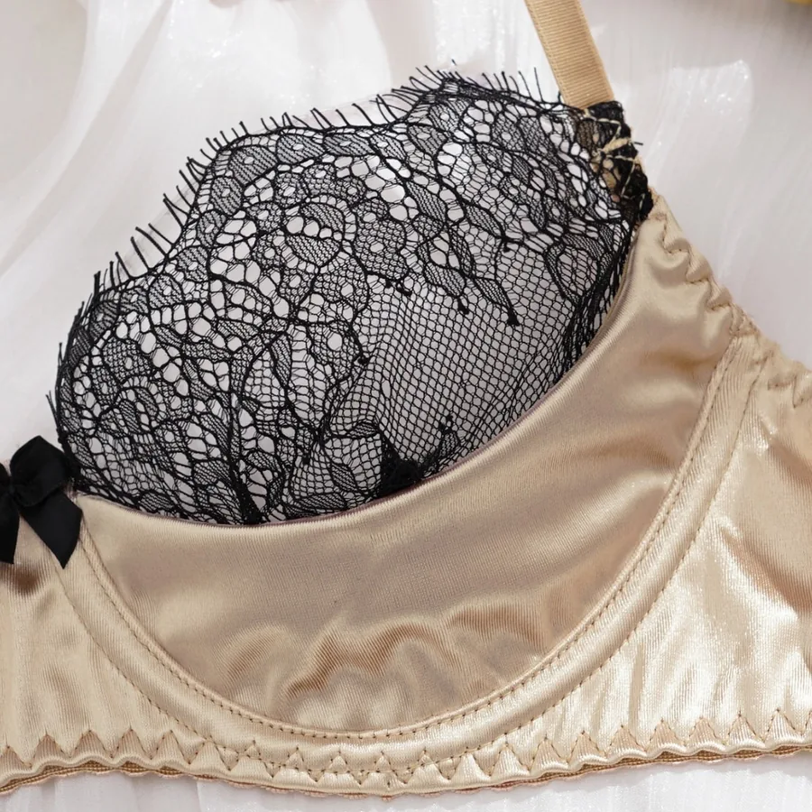 Schwarzes Spitzen-Satin-Schleifen-BH-Set