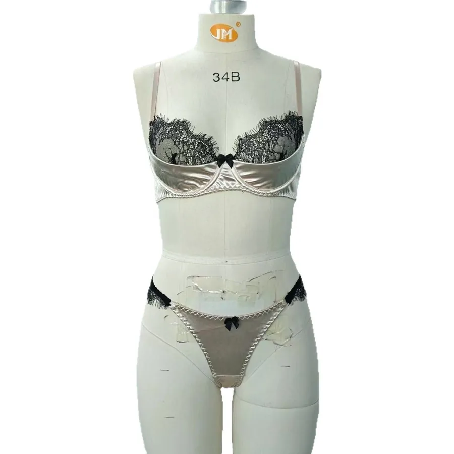 Schwarzes Spitzen-Satin-Schleifen-BH-Set