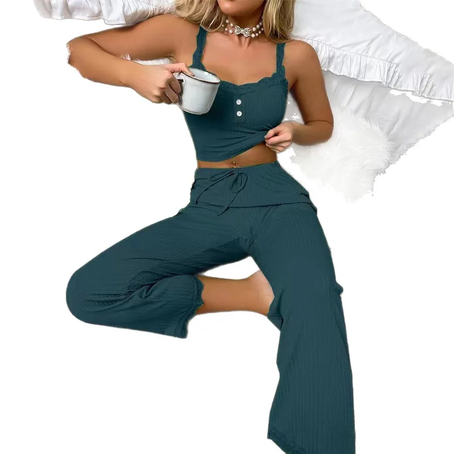 Conjunto de pijama de top de tirantes y pantalón con ribete de encaje