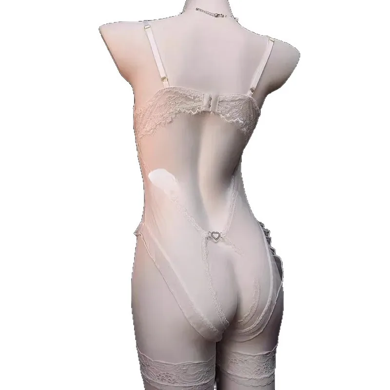Transparante mesh body met kant en strik