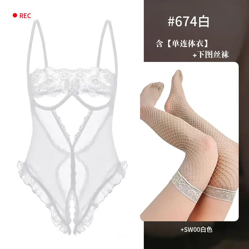 Transparante mesh body met kant en strik