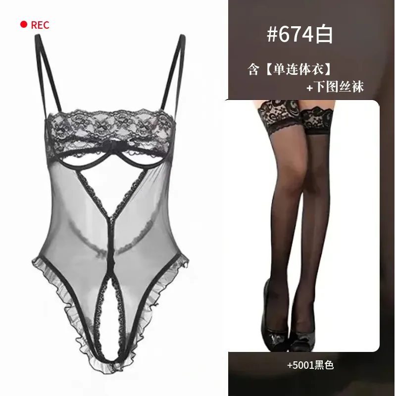 Transparante mesh body met kant en strik