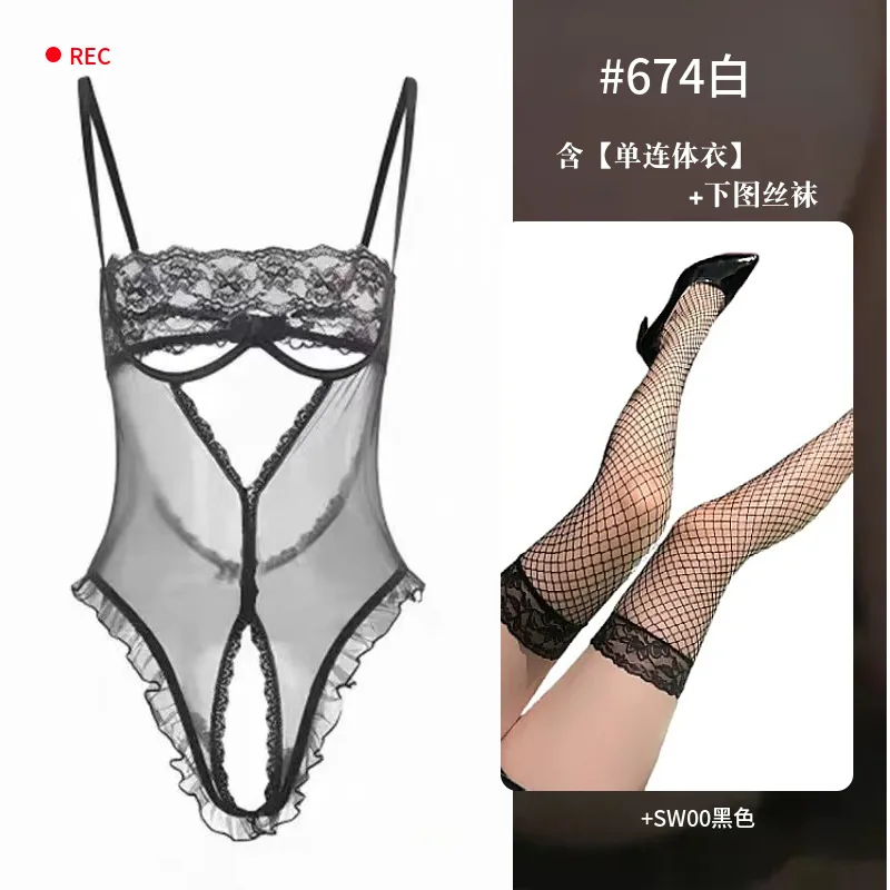Transparante mesh body met kant en strik