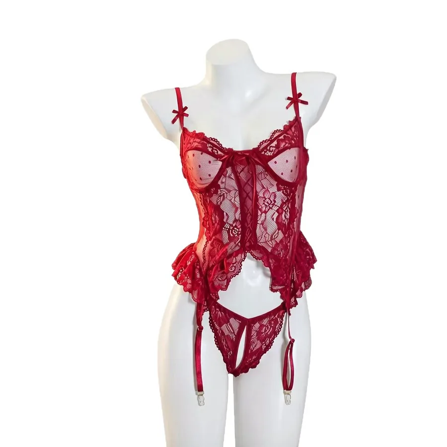Unterkleid mit französischer Spitze zum Schnüren und Strümpfe Set