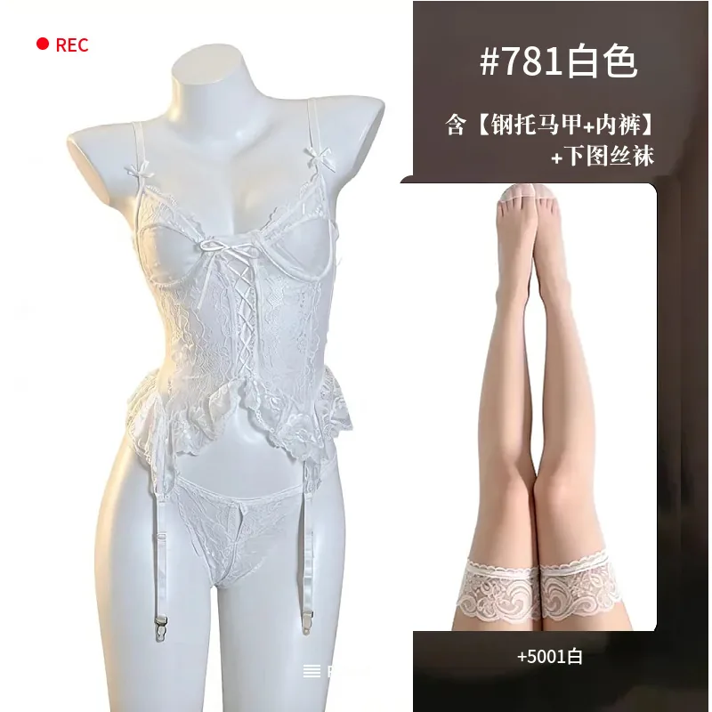 Unterkleid mit französischer Spitze zum Schnüren und Strümpfe Set