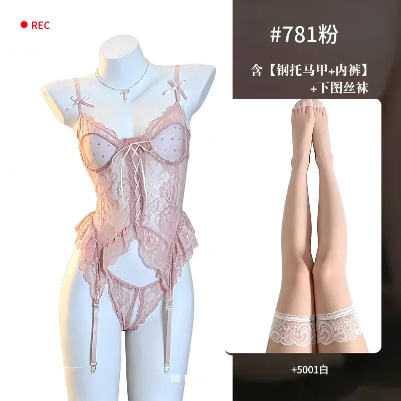 Unterkleid mit französischer Spitze zum Schnüren und Strümpfe Set