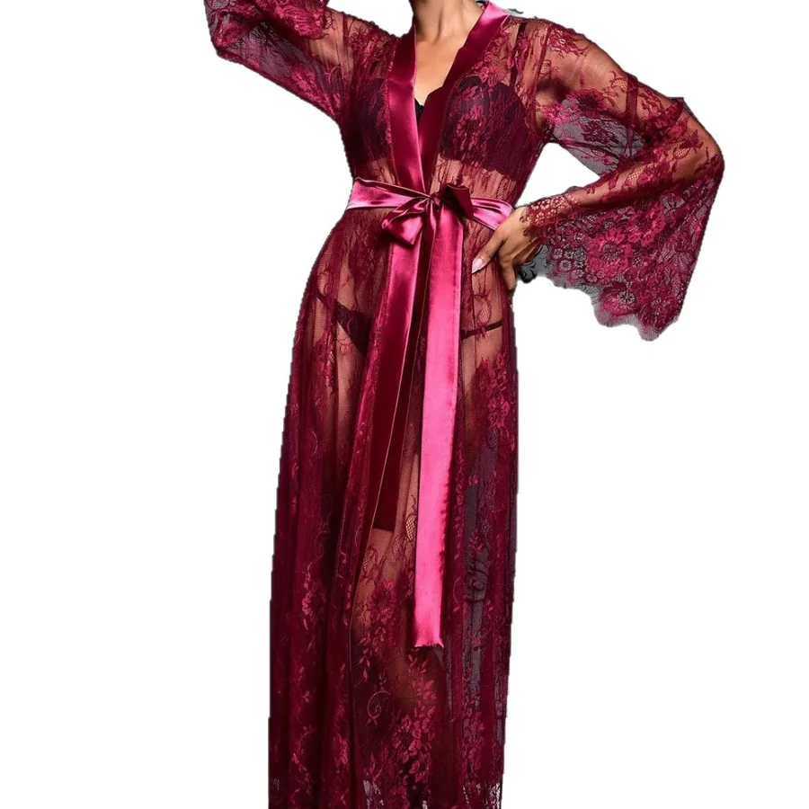 Ensemble long peignoir en maille transparente
