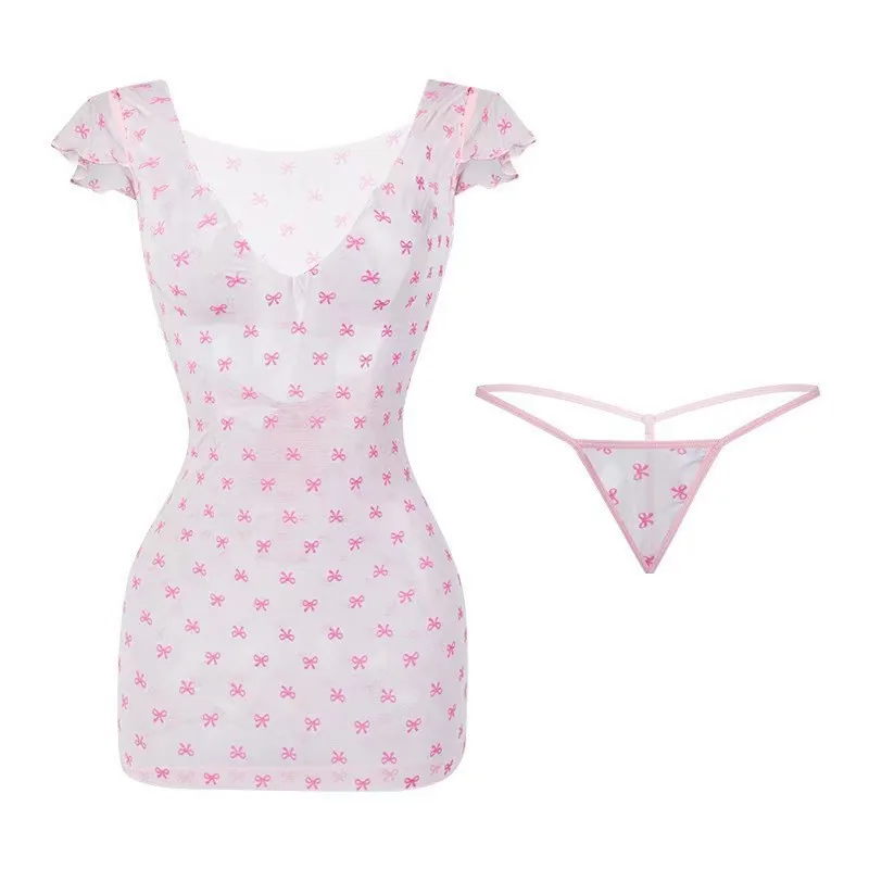 Robe nuisette en dentelle imprimé cerises