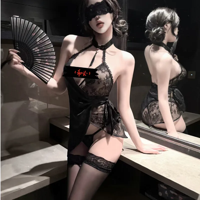 Conjunto de vestido de alças qipao com alças ao pescoço