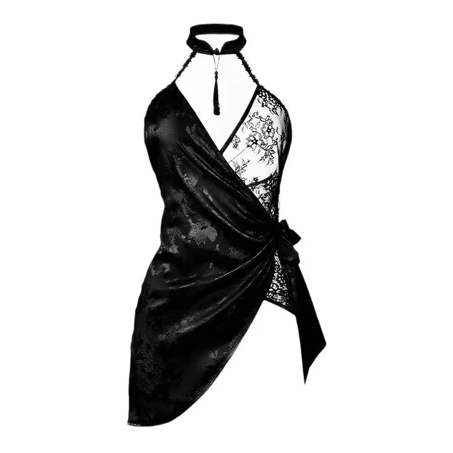 Conjunto de vestido de alças qipao com alças ao pescoço