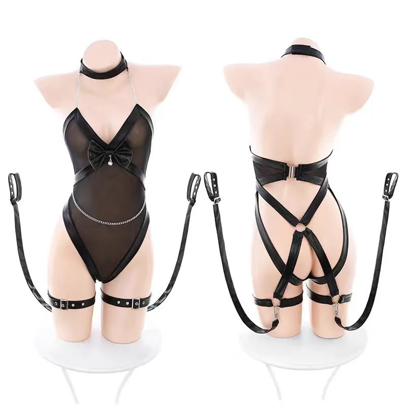 Bodysuit Transparente com Tiras de Couro Envernizado