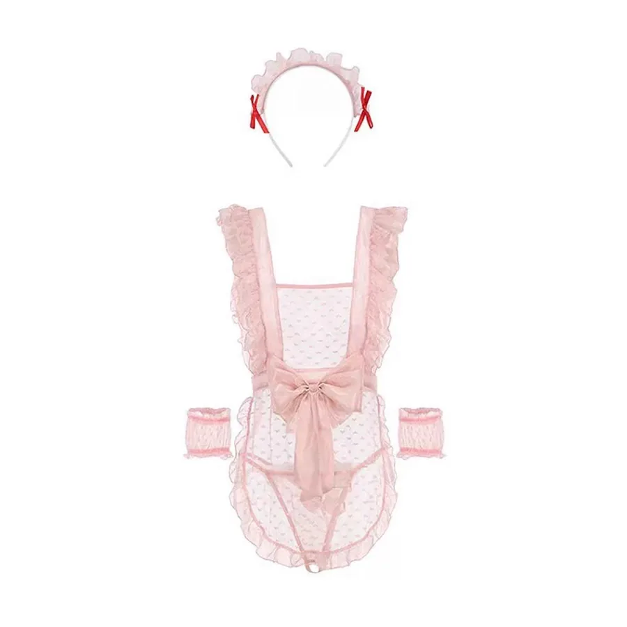 Nuisette en résille transparente style soubrette rose